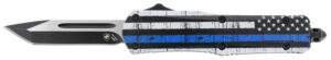Templar Knife SBTB231 Gen II Back The Blue Small 2.69" OTF Tanto Plain Black Oxide Stonewashed 440C SS Blade, 4.31" Black & White w/Blue Line Aluminum Handle, Glass Breaker